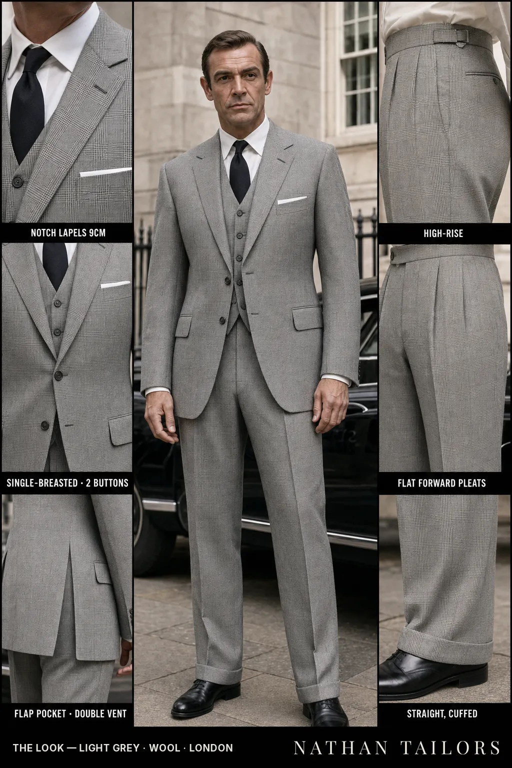 light grey glen plaid single-breasted notch-lapel bespoke suit — AI-rendered by Nathan Tailors, the Hoi An custom tailor. Available as a custom tailored suit from $149.
