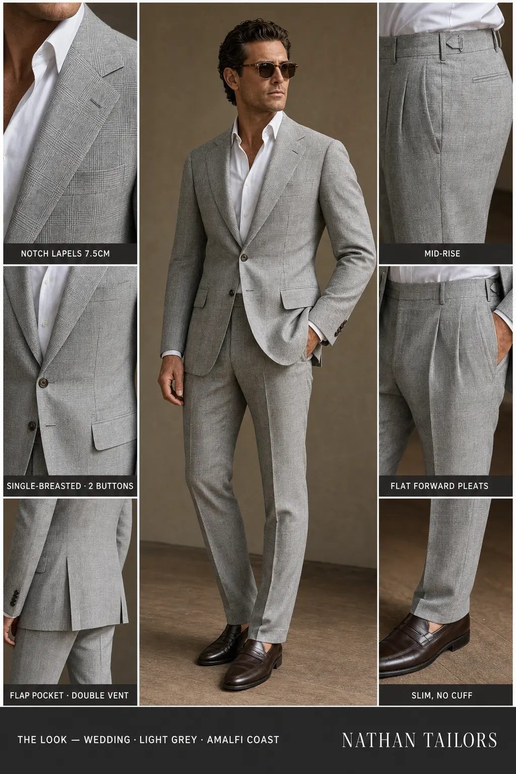 light grey glen plaid single-breasted notch-lapel bespoke suit โ AI-rendered by Nathan Tailors, the Hoi An custom tailor. Available as a custom tailored suit from $149.