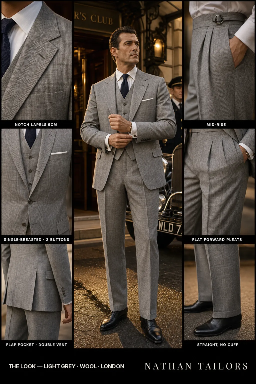 light grey glen plaid single-breasted notch-lapel bespoke suit — AI-rendered by Nathan Tailors, the Hoi An custom tailor. Available as a custom tailored suit from $149.