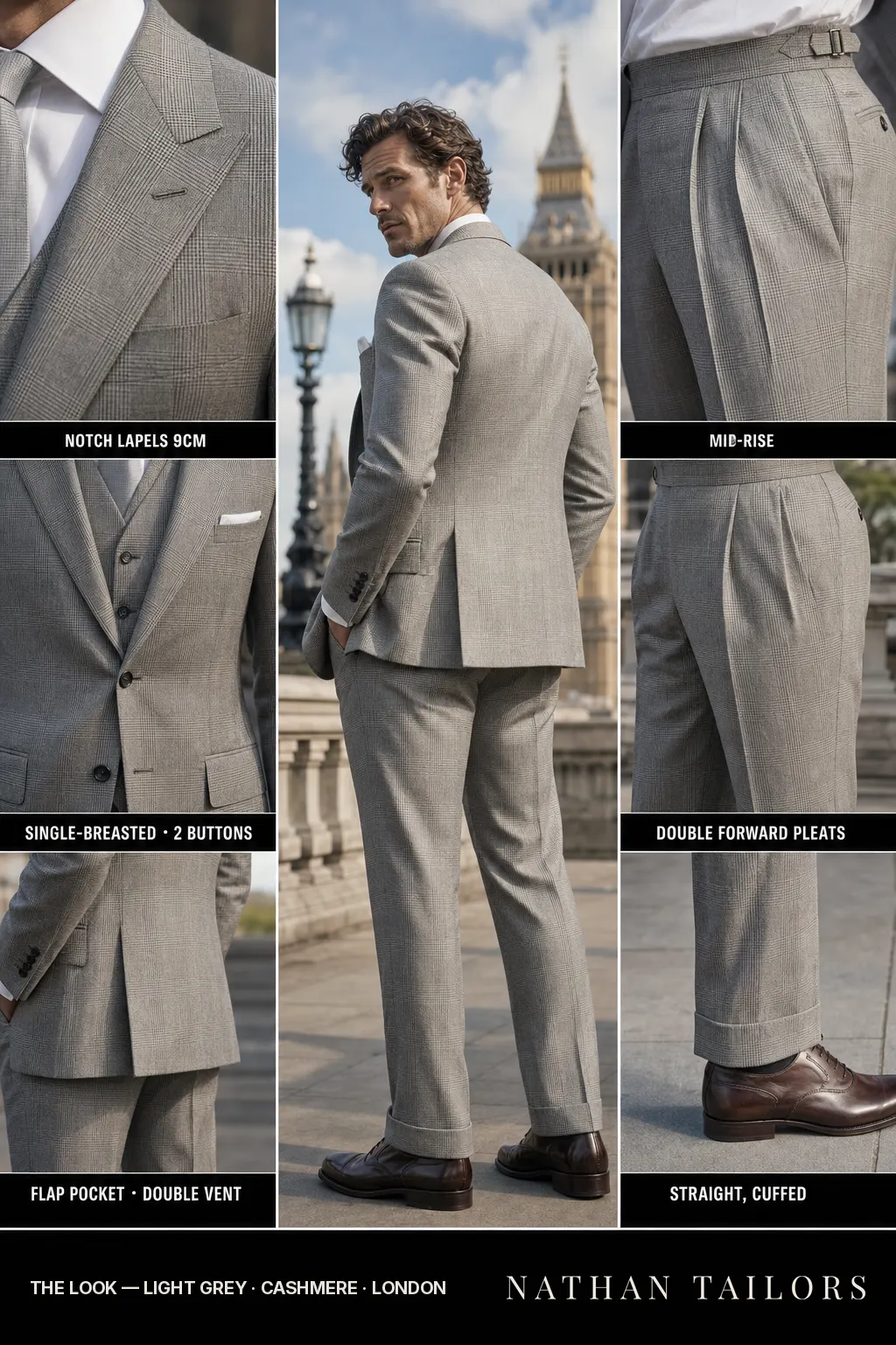 light grey glen plaid single-breasted notch-lapel bespoke suit — AI-rendered by Nathan Tailors, the Hoi An custom tailor. Available as a custom tailored suit from $149.