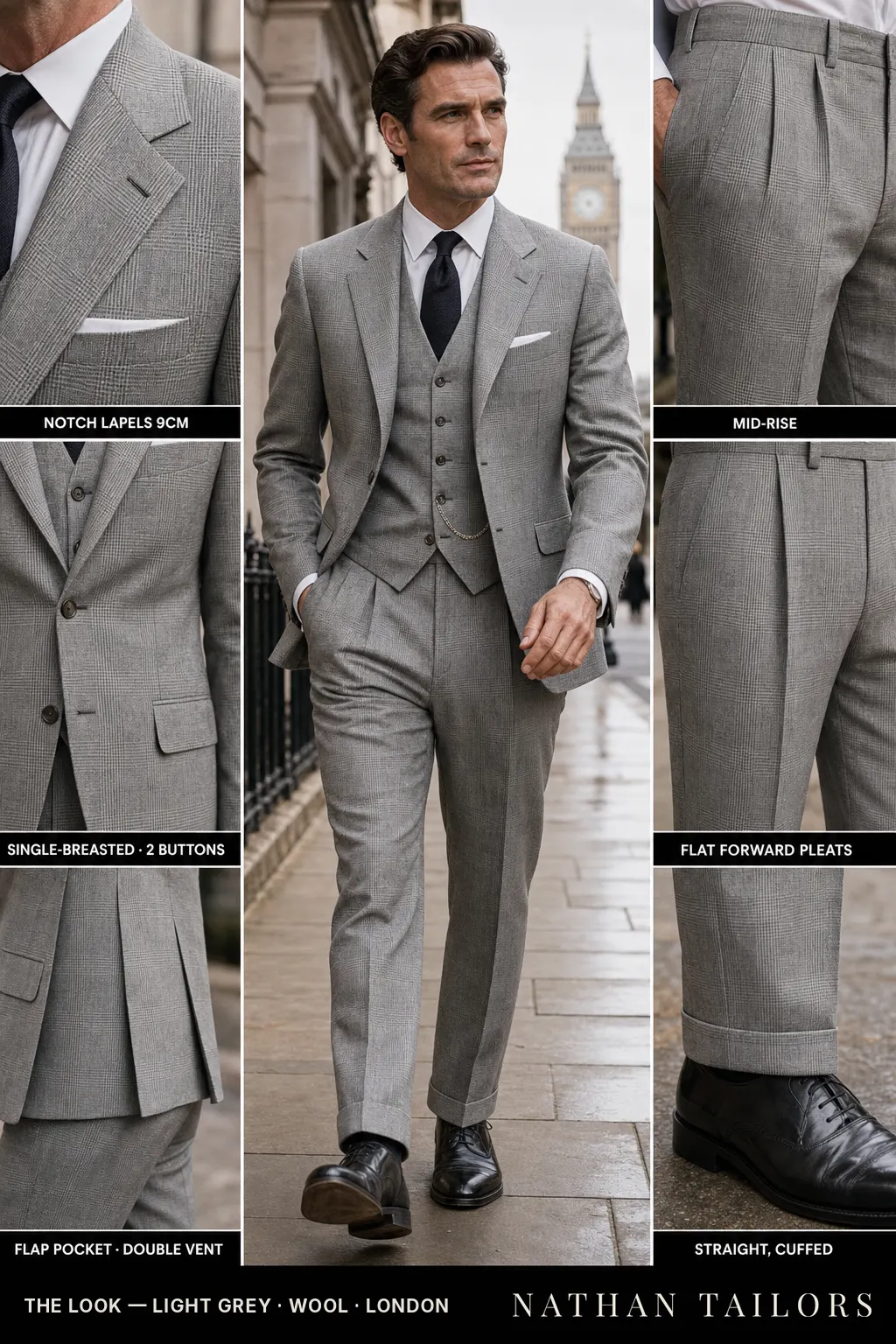 light grey glen plaid single-breasted notch-lapel bespoke suit — AI-rendered by Nathan Tailors, the Hoi An custom tailor. Available as a custom tailored suit from $149.