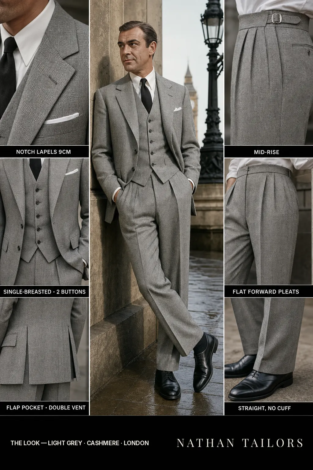 light grey glen plaid single-breasted notch-lapel bespoke suit โ AI-rendered by Nathan Tailors, the Hoi An custom tailor. Available as a custom tailored suit from $149.