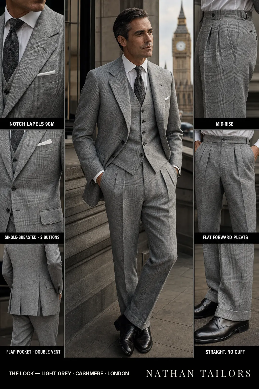 light grey glen plaid single-breasted notch-lapel bespoke suit โ AI-rendered by Nathan Tailors, the Hoi An custom tailor. Available as a custom tailored suit from $149.