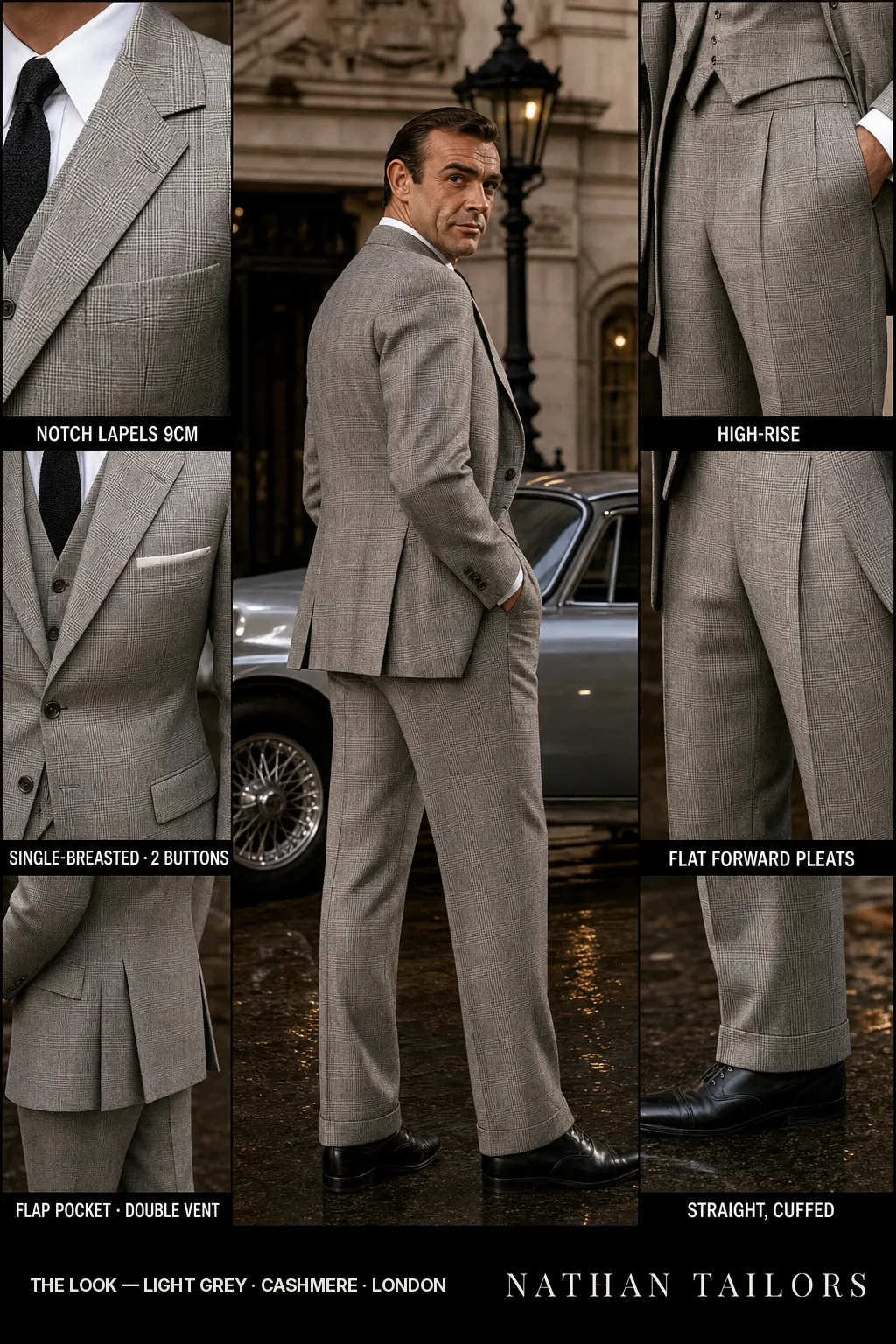 light grey glen plaid single-breasted notch-lapel bespoke suit — AI-rendered by Nathan Tailors, the Hoi An custom tailor. Available as a custom tailored suit from $149.