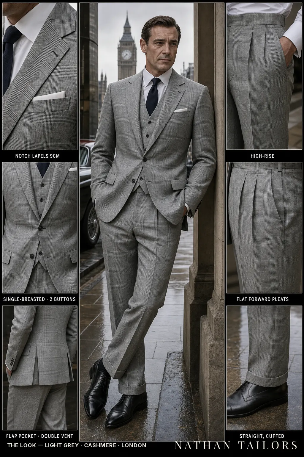 light grey glen plaid single-breasted notch-lapel bespoke suit โ AI-rendered by Nathan Tailors, the Hoi An custom tailor. Available as a custom tailored suit from $149.