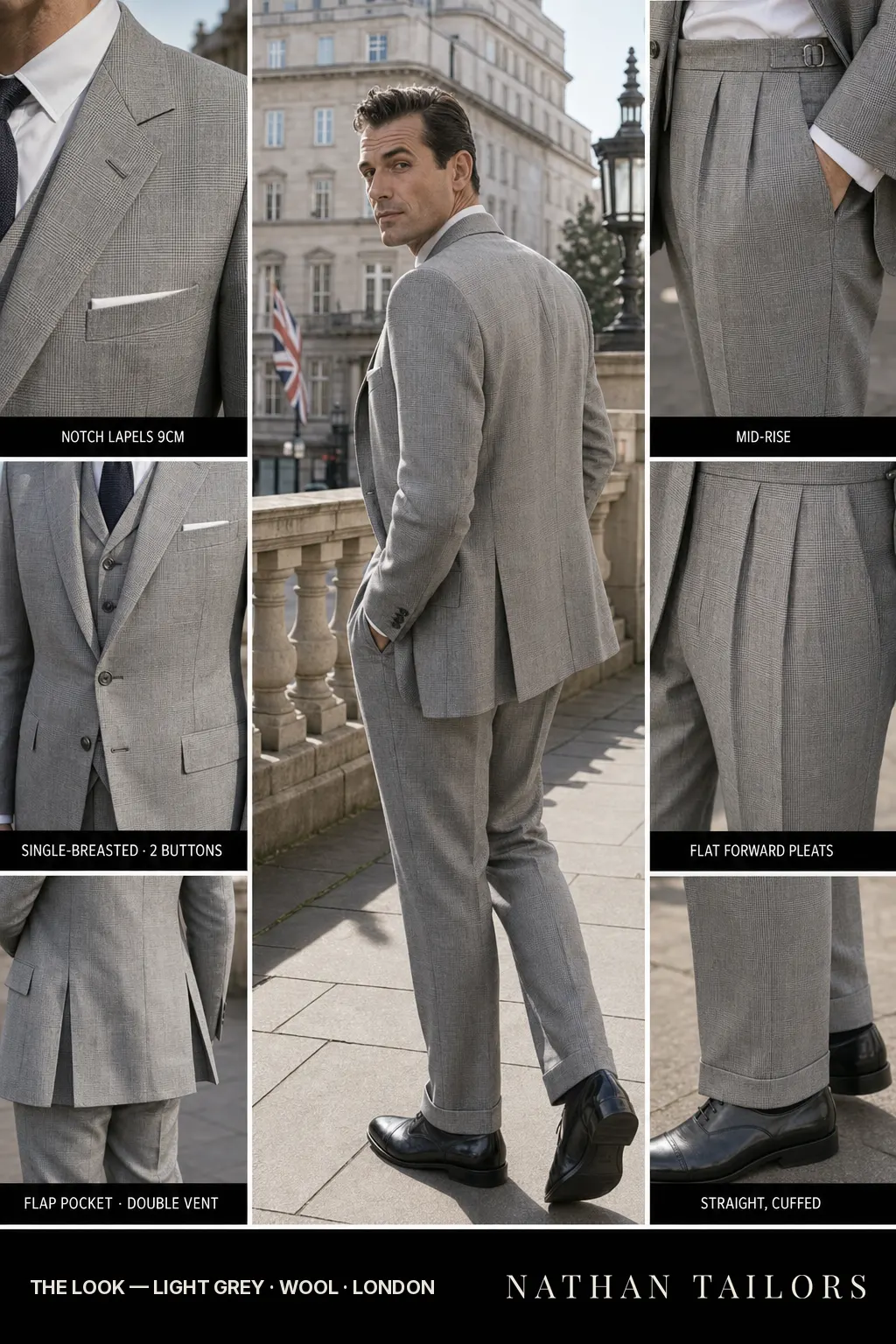 light grey glen plaid single-breasted notch-lapel bespoke suit — AI-rendered by Nathan Tailors, the Hoi An custom tailor. Available as a custom tailored suit from $149.
