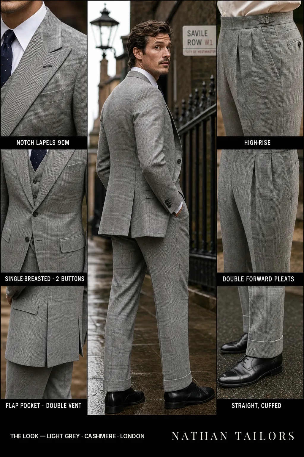 light grey glen plaid single-breasted notch-lapel bespoke suit โ AI-rendered by Nathan Tailors, the Hoi An custom tailor. Available as a custom tailored suit from $149.