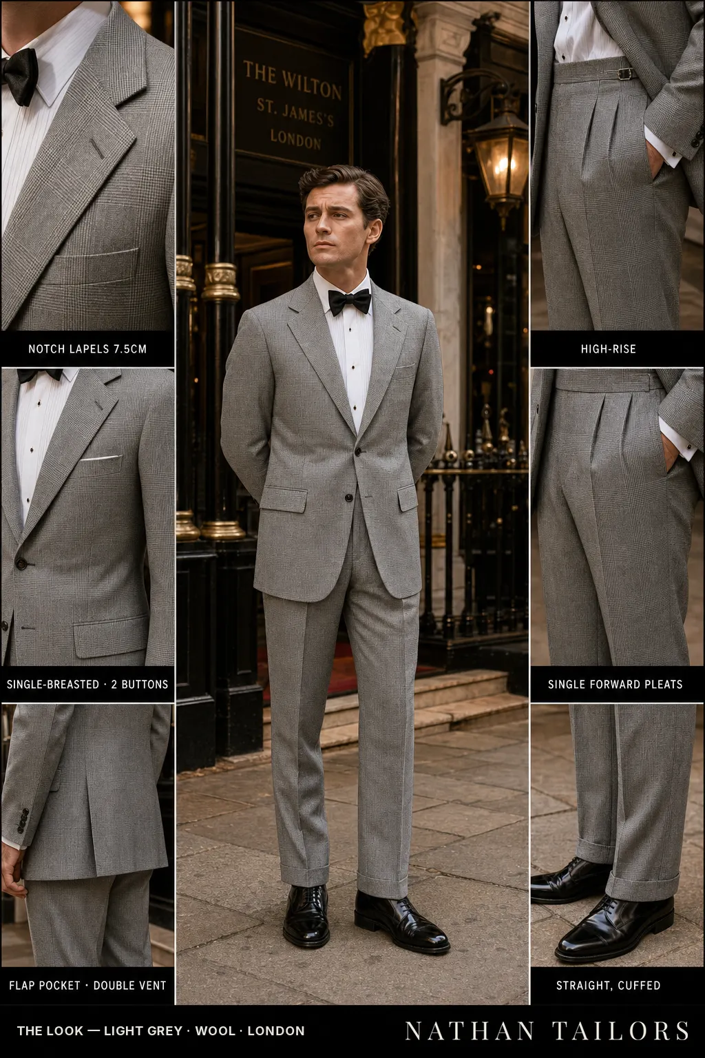 light grey glen plaid single-breasted notch-lapel bespoke suit โ AI-rendered by Nathan Tailors, the Hoi An custom tailor. Available as a custom tailored suit from $149.