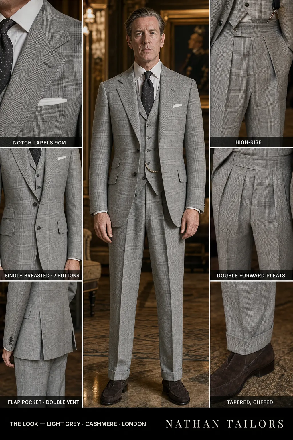 light grey glen plaid single-breasted notch-lapel bespoke suit โ AI-rendered by Nathan Tailors, the Hoi An custom tailor. Available as a custom tailored suit from $149.