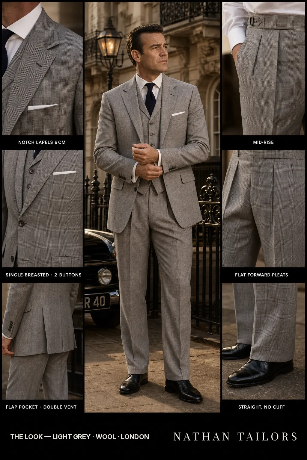 light grey glen plaid single-breasted notch-lapel bespoke suit — AI-rendered by Nathan Tailors, the Hoi An custom tailor. Available as a custom tailored suit from $149.