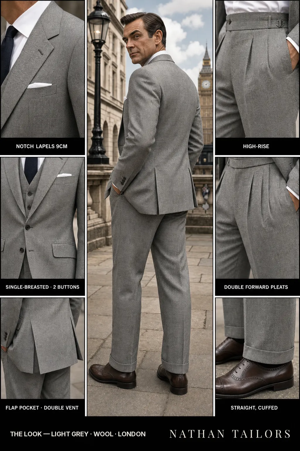 light grey glen plaid single-breasted notch-lapel bespoke suit — AI-rendered by Nathan Tailors, the Hoi An custom tailor. Available as a custom tailored suit from $149.