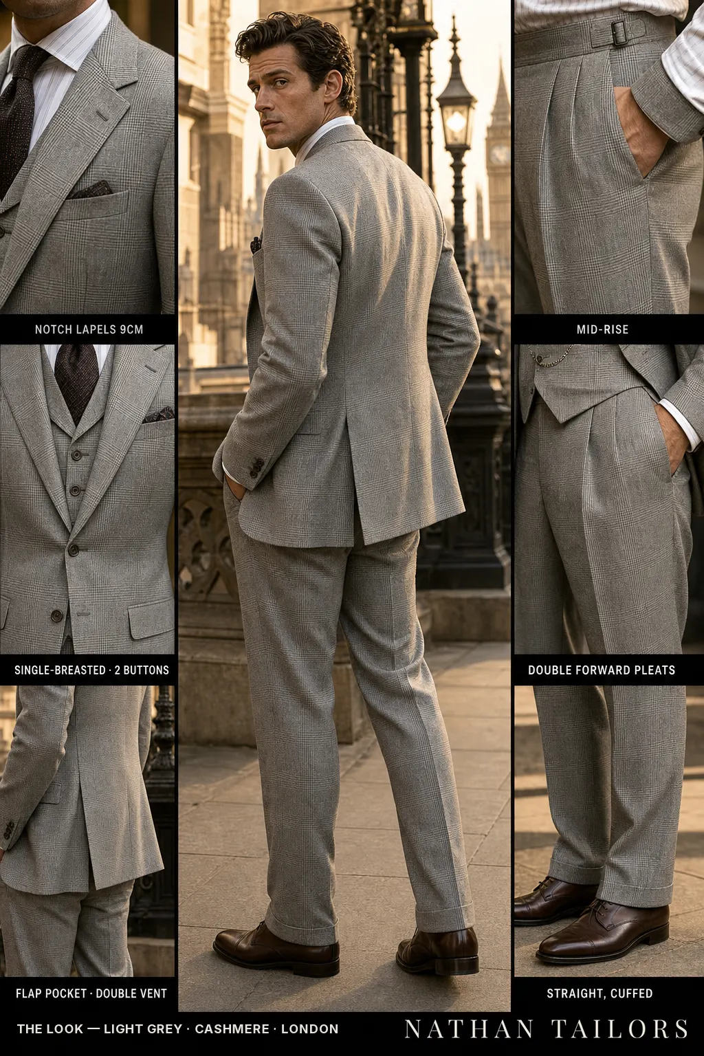 light grey glen plaid single-breasted notch-lapel bespoke suit โ AI-rendered by Nathan Tailors, the Hoi An custom tailor. Available as a custom tailored suit from $149.