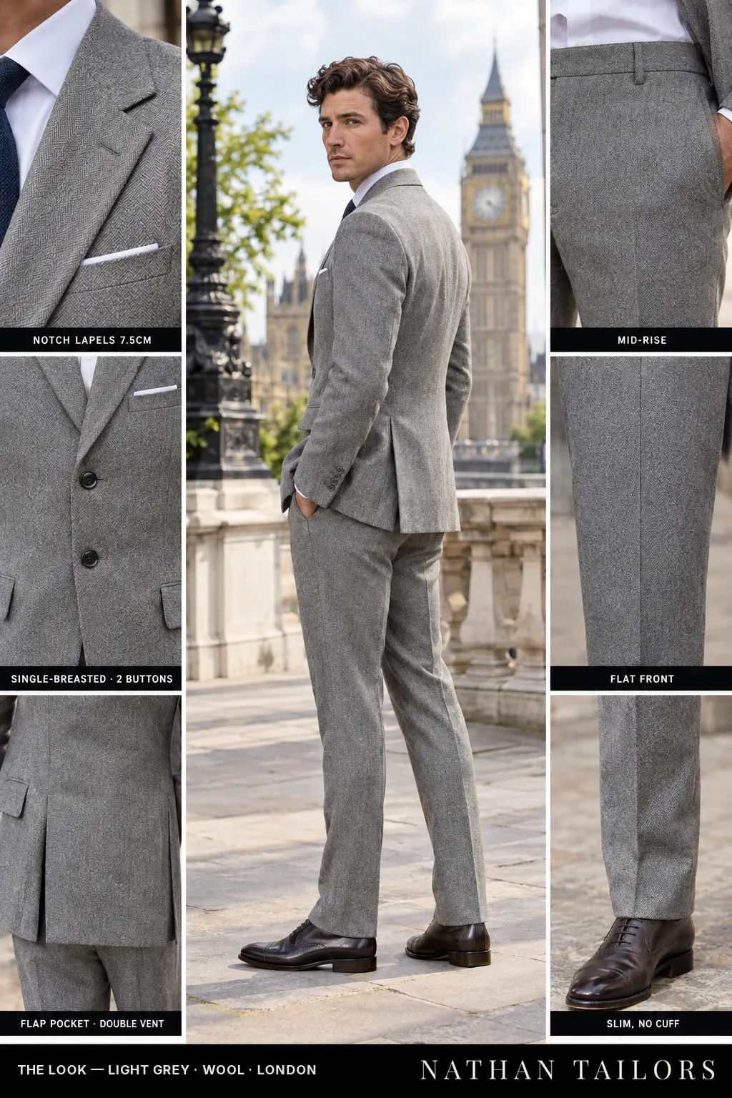 light grey herringbone single-breasted bespoke suit — custom tailored by Nathan Tailors, the Hoi An custom tailor