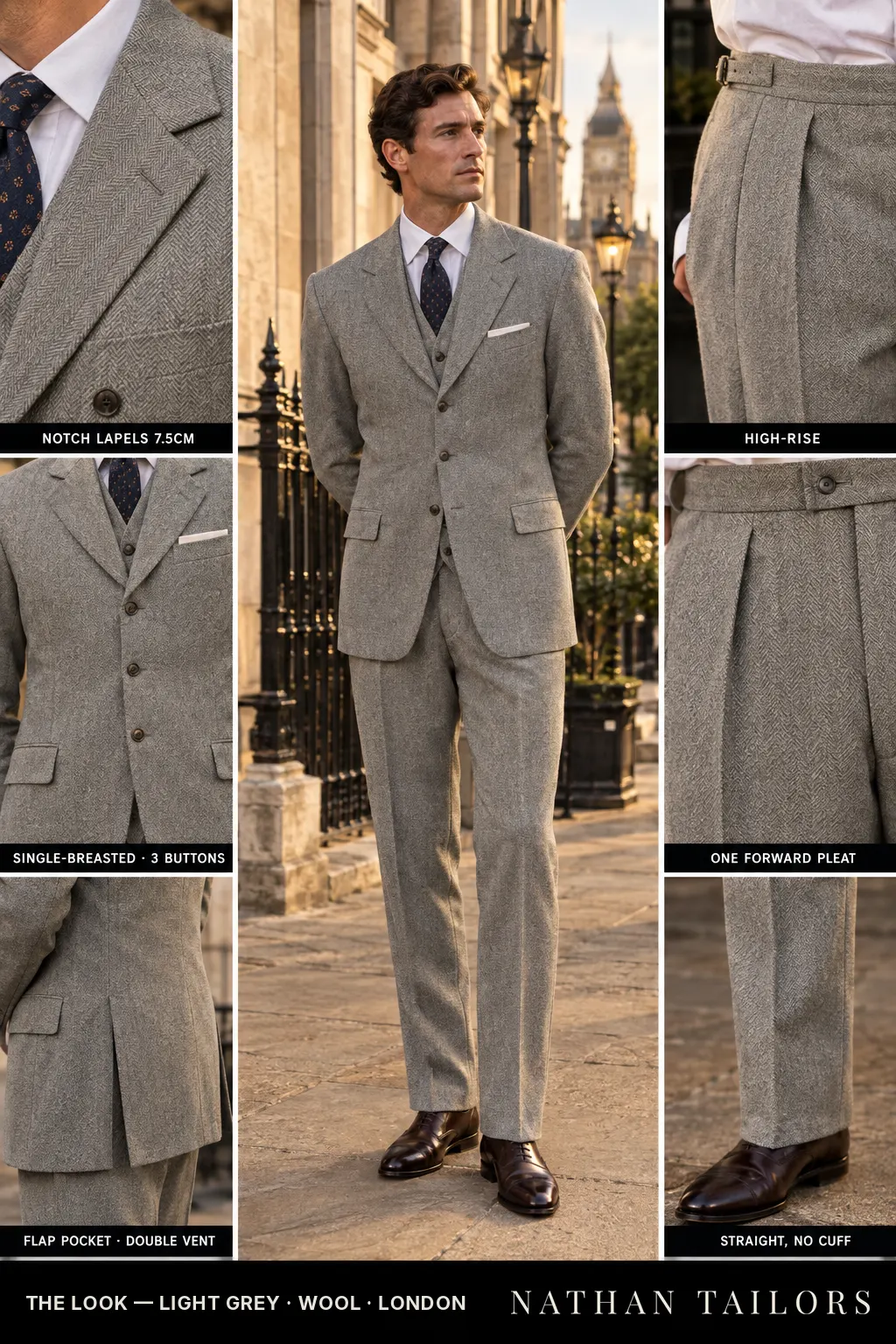 light grey herringbone single-breasted bespoke suit โ custom tailored by Nathan Tailors, the Hoi An custom tailor