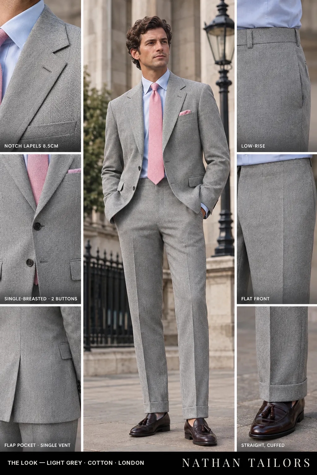 light grey herringbone single-breasted bespoke suit โ custom tailored by Nathan Tailors, the Hoi An custom tailor