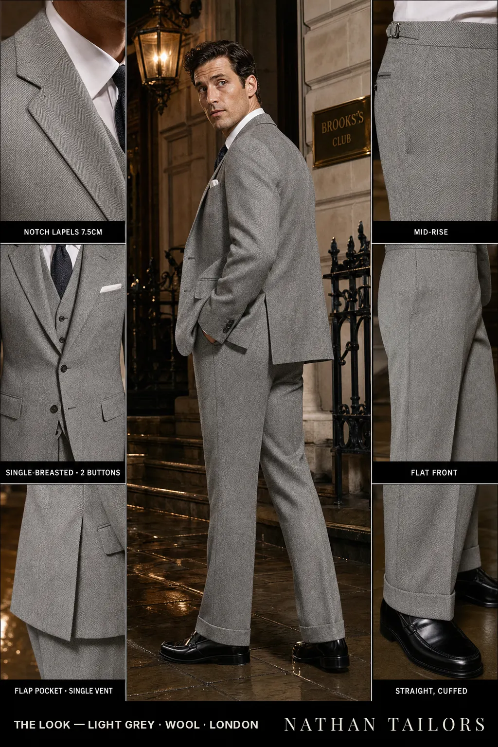 light grey herringbone single-breasted notch-lapel bespoke suit — AI-rendered by Nathan Tailors, the Hoi An custom tailor. Available as a custom tailored suit from $149.