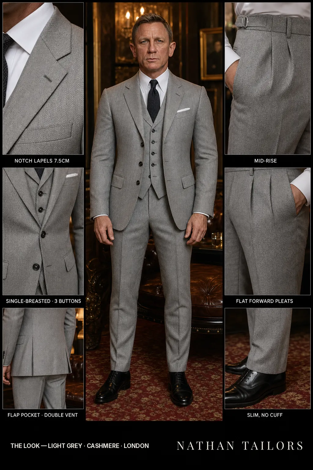 light grey herringbone single-breasted notch-lapel bespoke suit — AI-rendered by Nathan Tailors, the Hoi An custom tailor. Available as a custom tailored suit from $149.