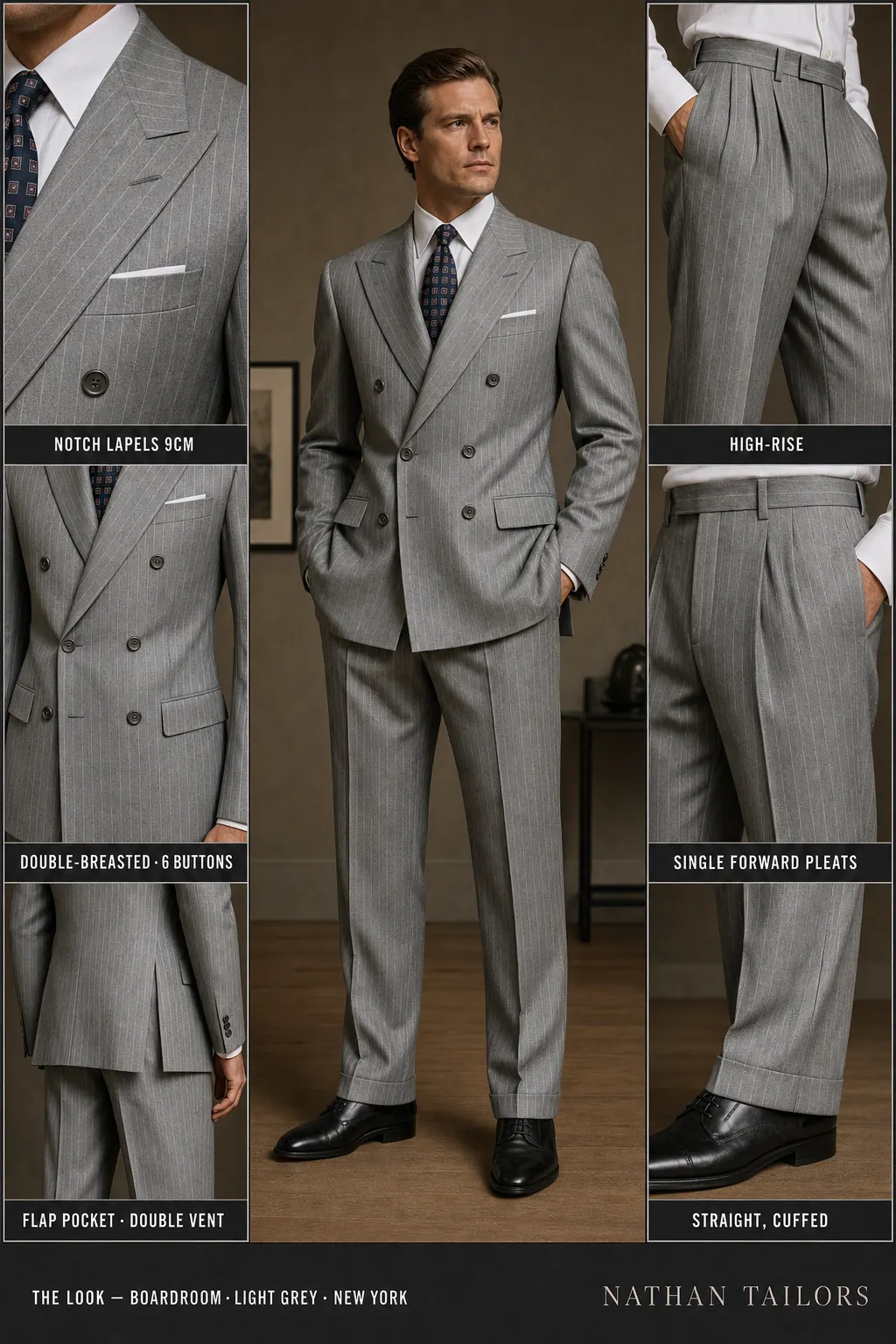 light grey pinstripe double-breasted notch-lapel bespoke suit — AI-rendered by Nathan Tailors, the Hoi An custom tailor. Available as a custom tailored suit from $149.