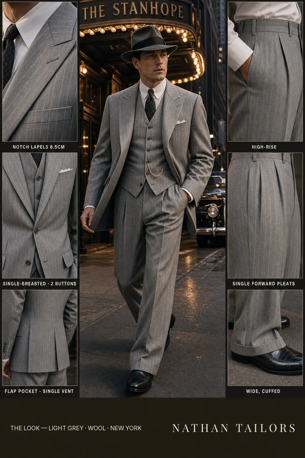 light grey pinstripe single-breasted notch-lapel bespoke suit — AI-rendered by Nathan Tailors, the Hoi An custom tailor. Available as a custom tailored suit from $149.