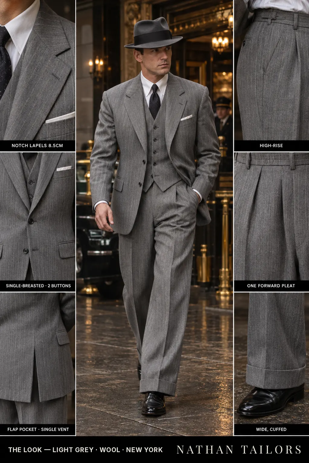 light grey pinstripe single-breasted notch-lapel bespoke suit — AI-rendered by Nathan Tailors, the Hoi An custom tailor. Available as a custom tailored suit from $149.