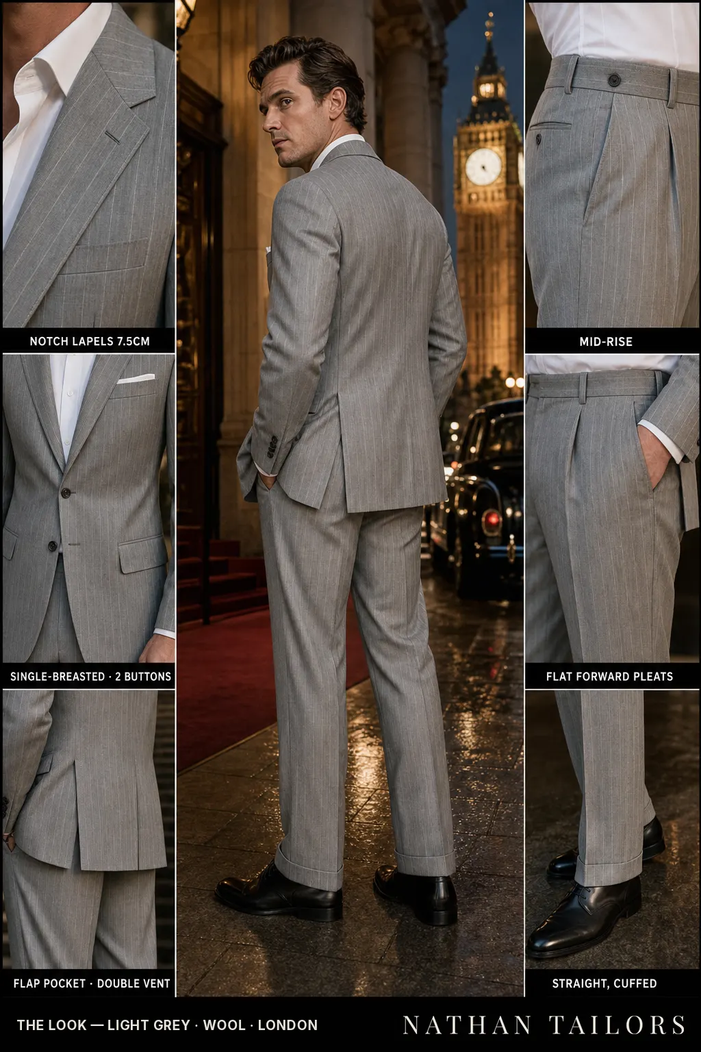 light grey pinstripe single-breasted notch-lapel bespoke suit — AI-rendered by Nathan Tailors, the Hoi An custom tailor. Available as a custom tailored suit from $149.