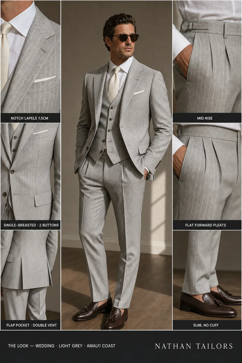 light grey pinstripe single-breasted notch-lapel bespoke suit โ AI-rendered by Nathan Tailors, the Hoi An custom tailor. Available as a custom tailored suit from $149.
