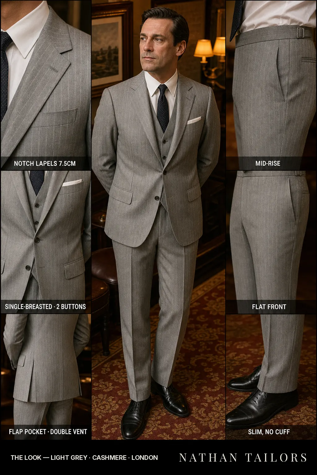 light grey pinstripe single-breasted notch-lapel bespoke suit — AI-rendered by Nathan Tailors, the Hoi An custom tailor. Available as a custom tailored suit from $149.