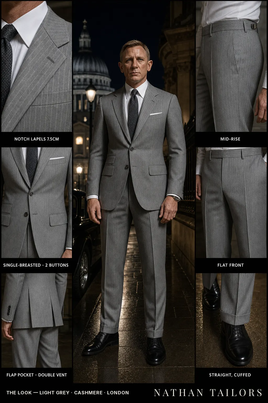light grey pinstripe single-breasted notch-lapel bespoke suit โ AI-rendered by Nathan Tailors, the Hoi An custom tailor. Available as a custom tailored suit from $149.