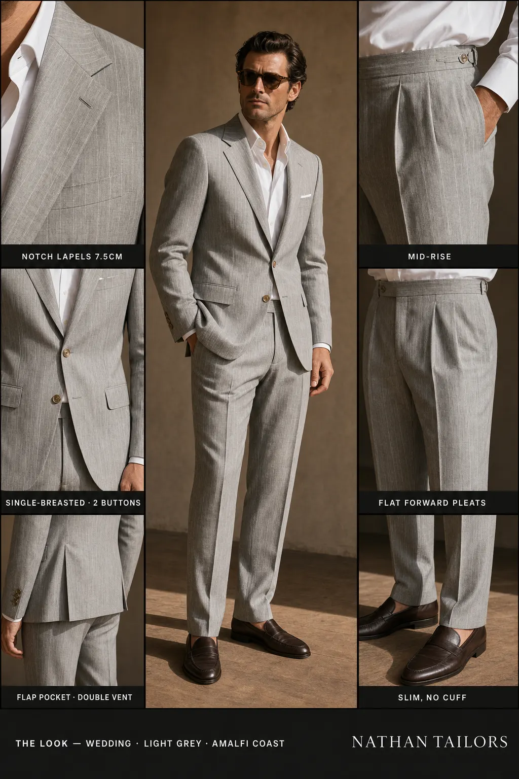 light grey pinstripe single-breasted notch-lapel bespoke suit โ AI-rendered by Nathan Tailors, the Hoi An custom tailor. Available as a custom tailored suit from $149.