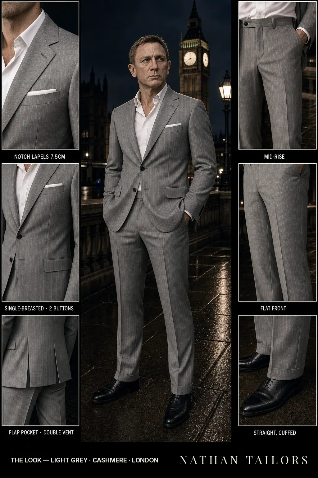 light grey pinstripe single-breasted notch-lapel bespoke suit โ AI-rendered by Nathan Tailors, the Hoi An custom tailor. Available as a custom tailored suit from $149.