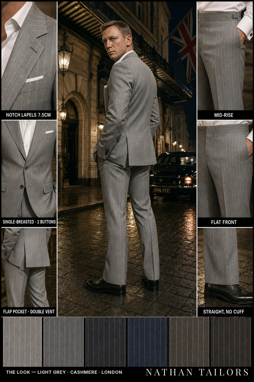 light grey pinstripe single-breasted notch-lapel bespoke suit โ AI-rendered by Nathan Tailors, the Hoi An custom tailor. Available as a custom tailored suit from $149.
