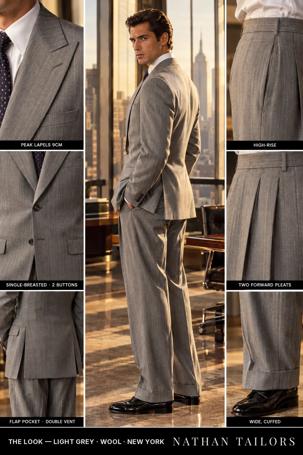 light grey pinstripe single-breasted bespoke suit — custom tailored by Nathan Tailors, the Hoi An custom tailor