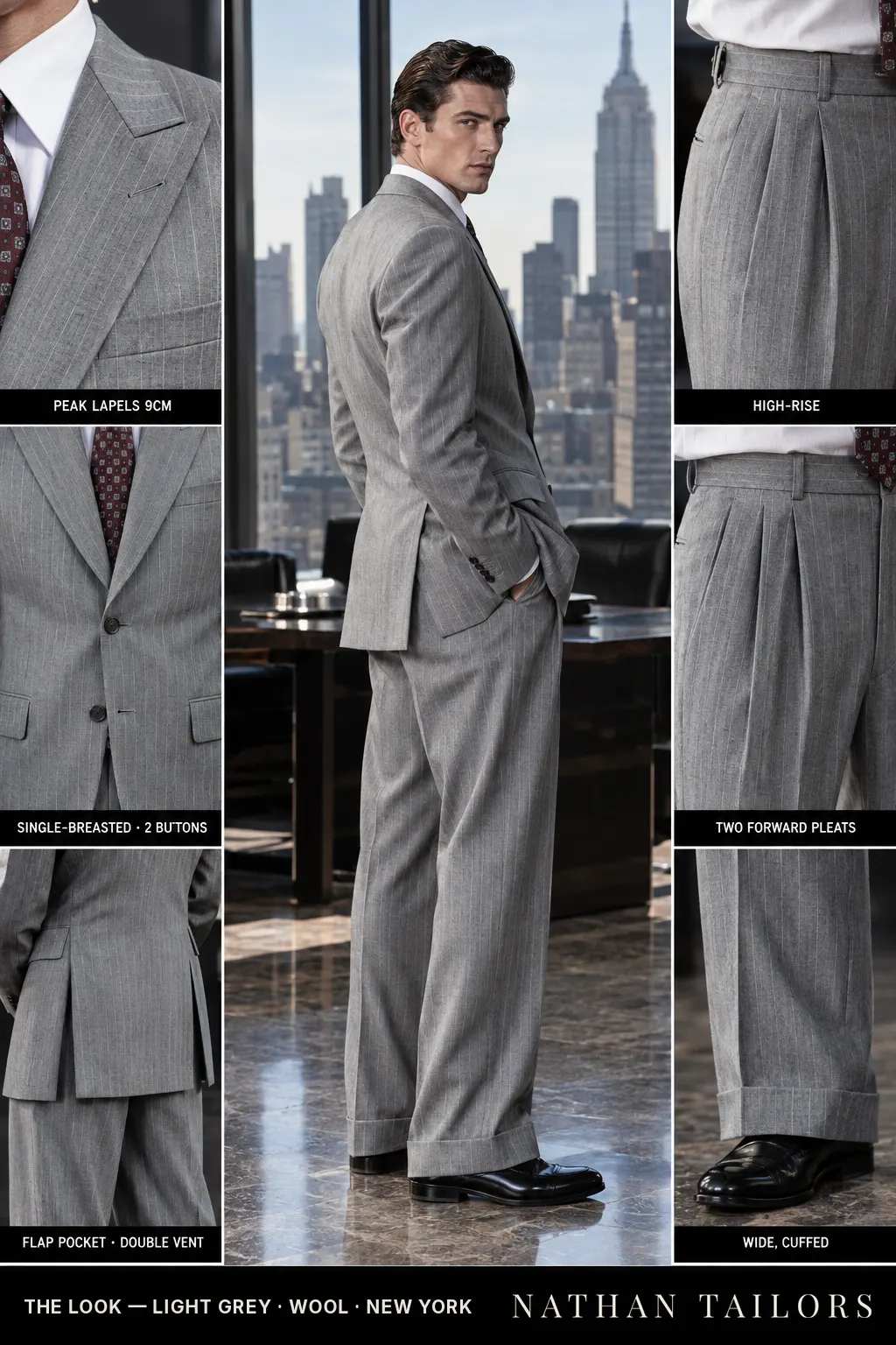 light grey pinstripe single-breasted bespoke suit — custom tailored by Nathan Tailors, the Hoi An custom tailor