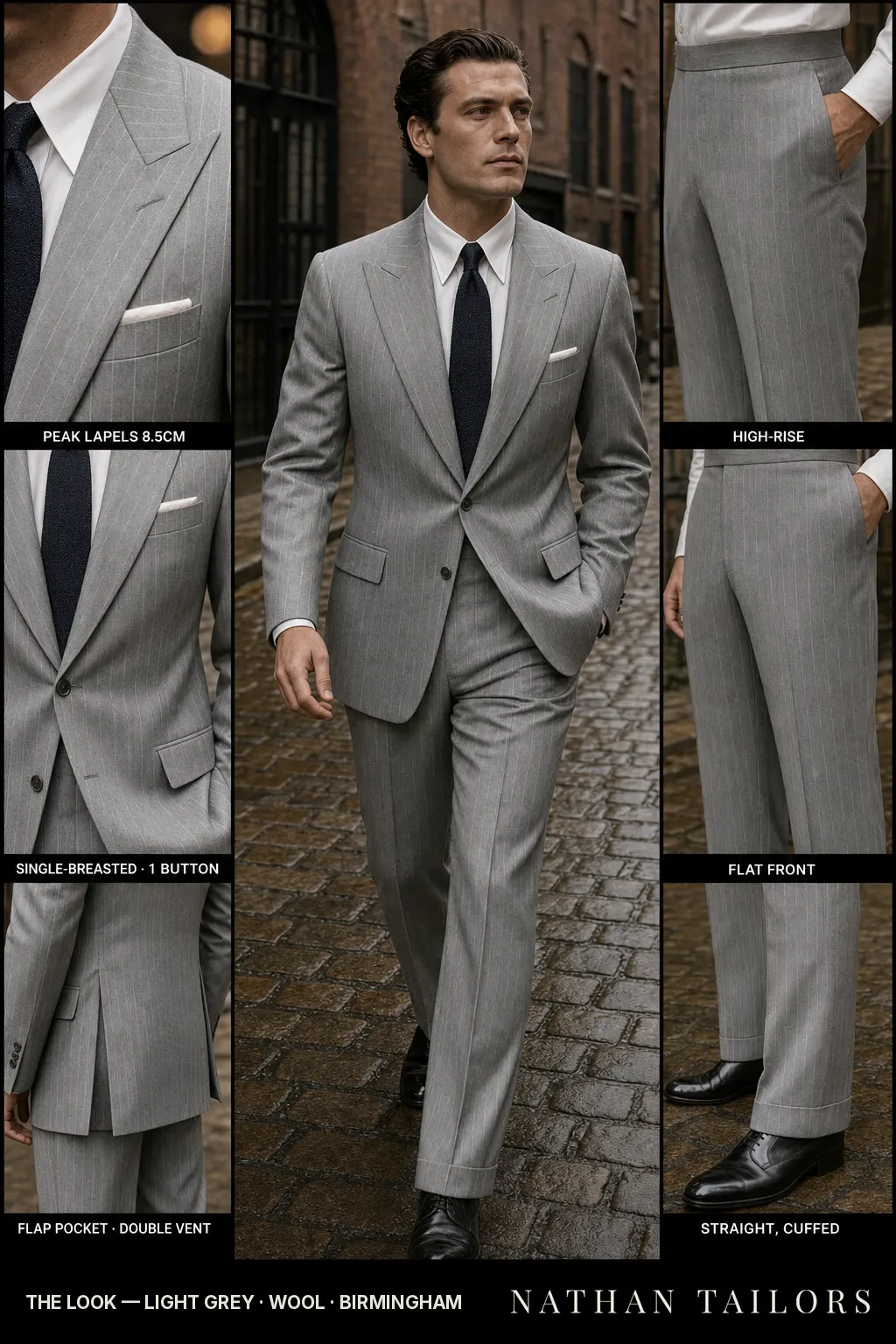 light grey pinstripe single-breasted bespoke suit — custom tailored by Nathan Tailors, the Hoi An custom tailor