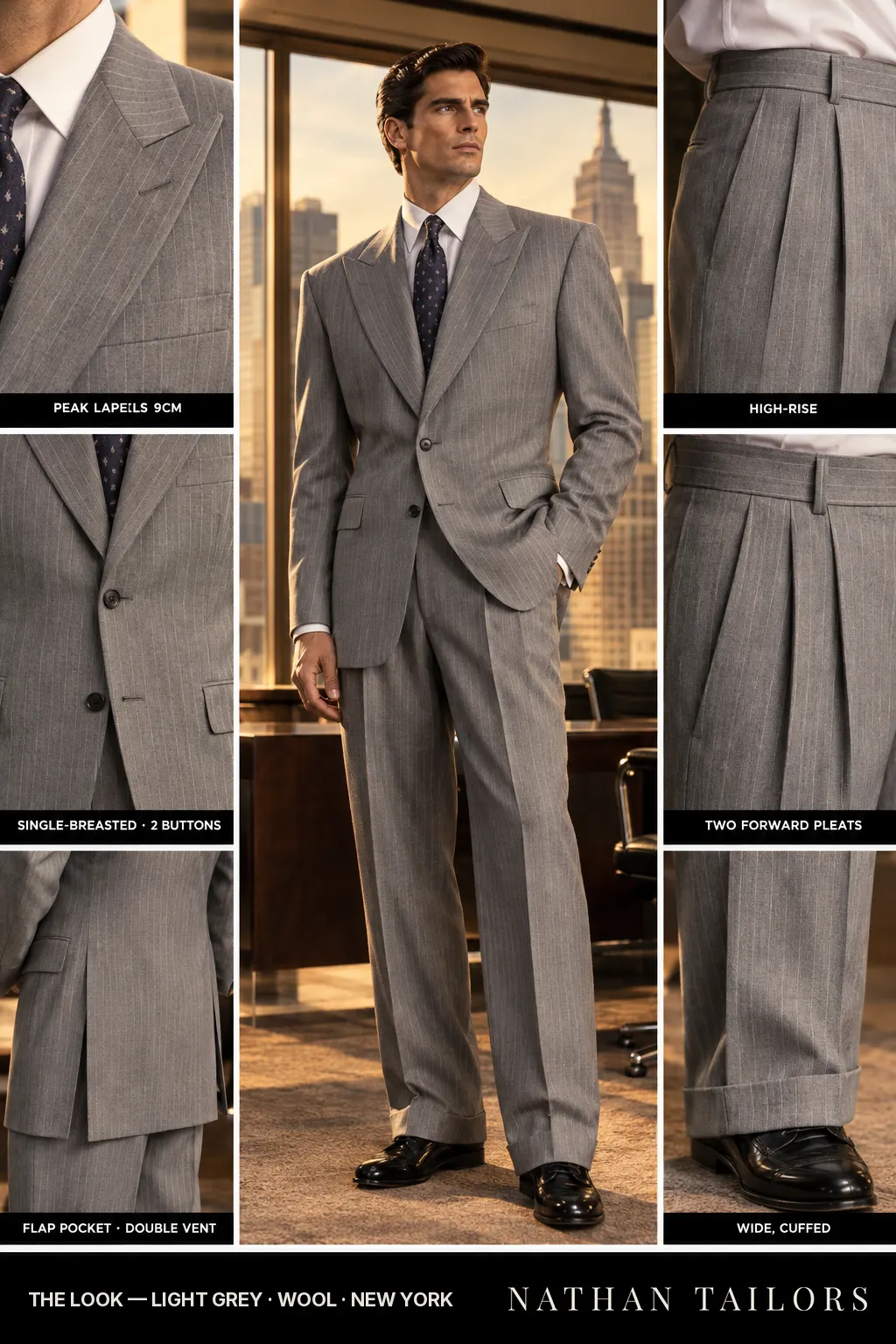 light grey pinstripe single-breasted bespoke suit — custom tailored by Nathan Tailors, the Hoi An custom tailor