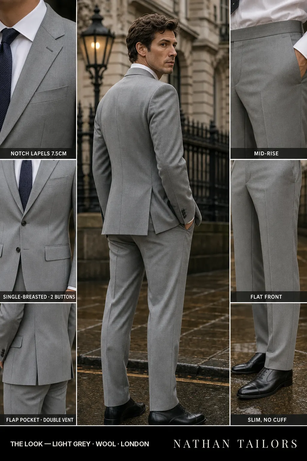 light grey single-breasted notch-lapel bespoke suit — AI-rendered by Nathan Tailors, the Hoi An custom tailor. Available as a custom tailored suit from $149.