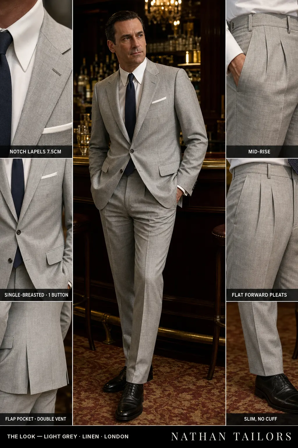 light grey single-breasted notch-lapel bespoke suit โ AI-rendered by Nathan Tailors, the Hoi An custom tailor. Available as a custom tailored suit from $149.