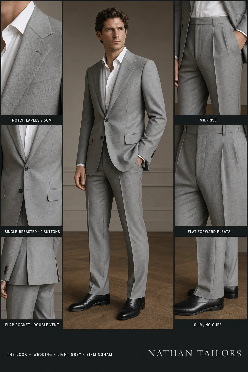 light grey single-breasted notch-lapel bespoke suit — AI-rendered by Nathan Tailors, the Hoi An custom tailor. Available as a custom tailored suit from $149.