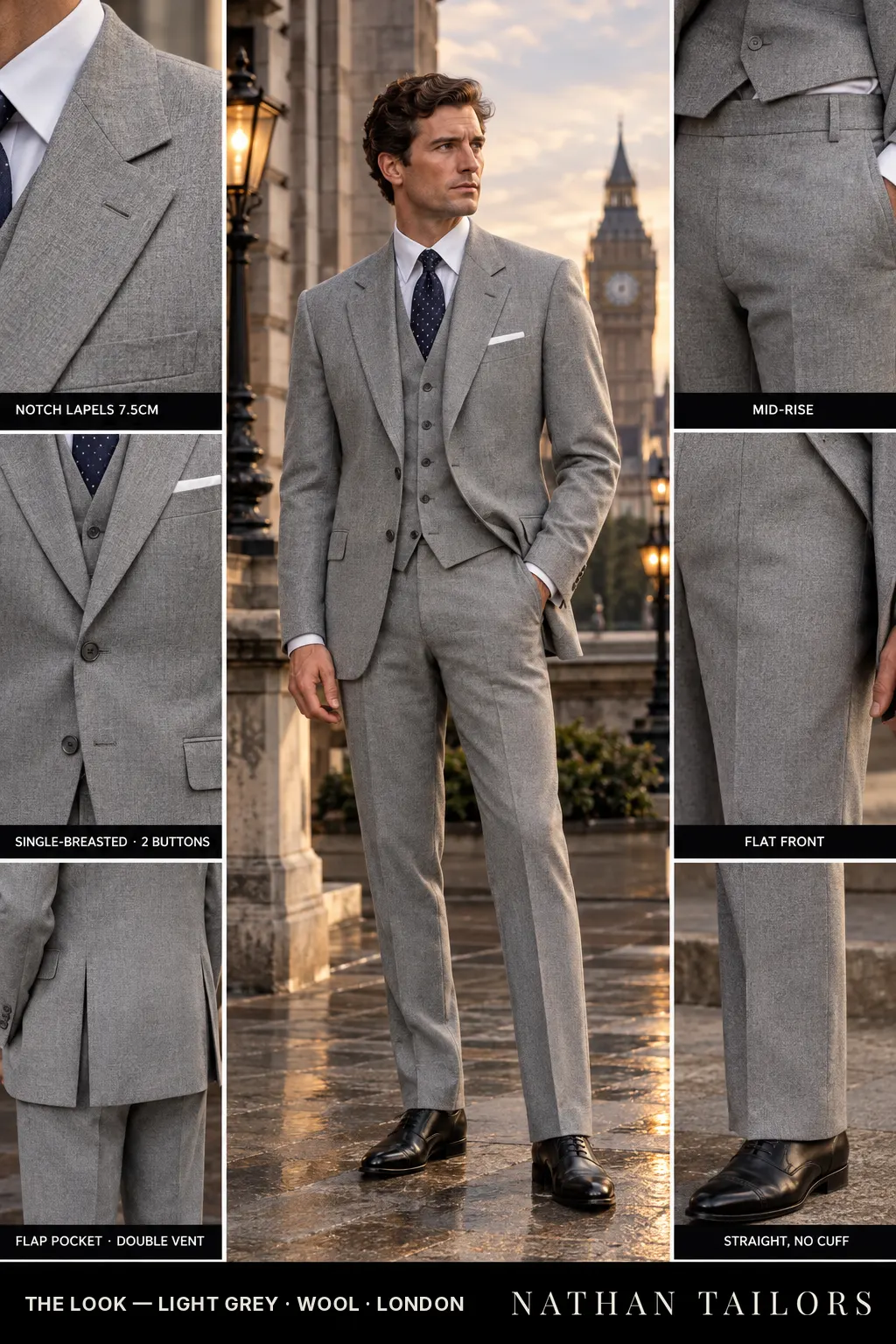 light grey single-breasted notch-lapel bespoke suit — AI-rendered by Nathan Tailors, the Hoi An custom tailor. Available as a custom tailored suit from $149.