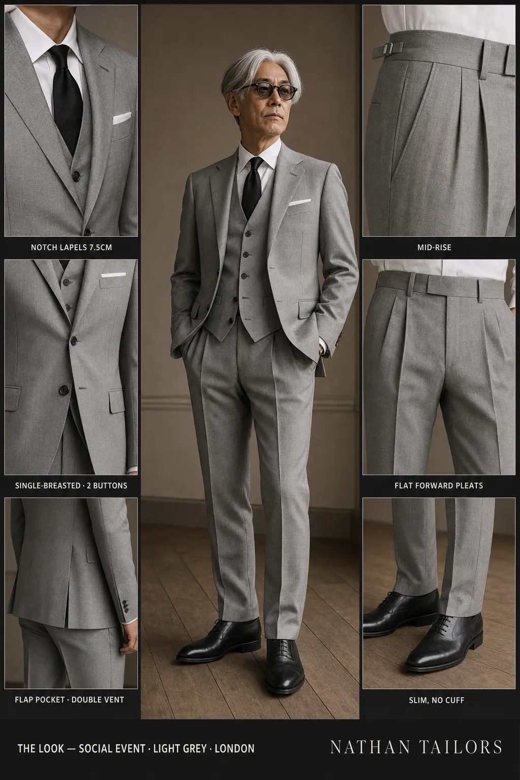 light grey single-breasted notch-lapel bespoke suit โ AI-rendered by Nathan Tailors, the Hoi An custom tailor. Available as a custom tailored suit from $149.