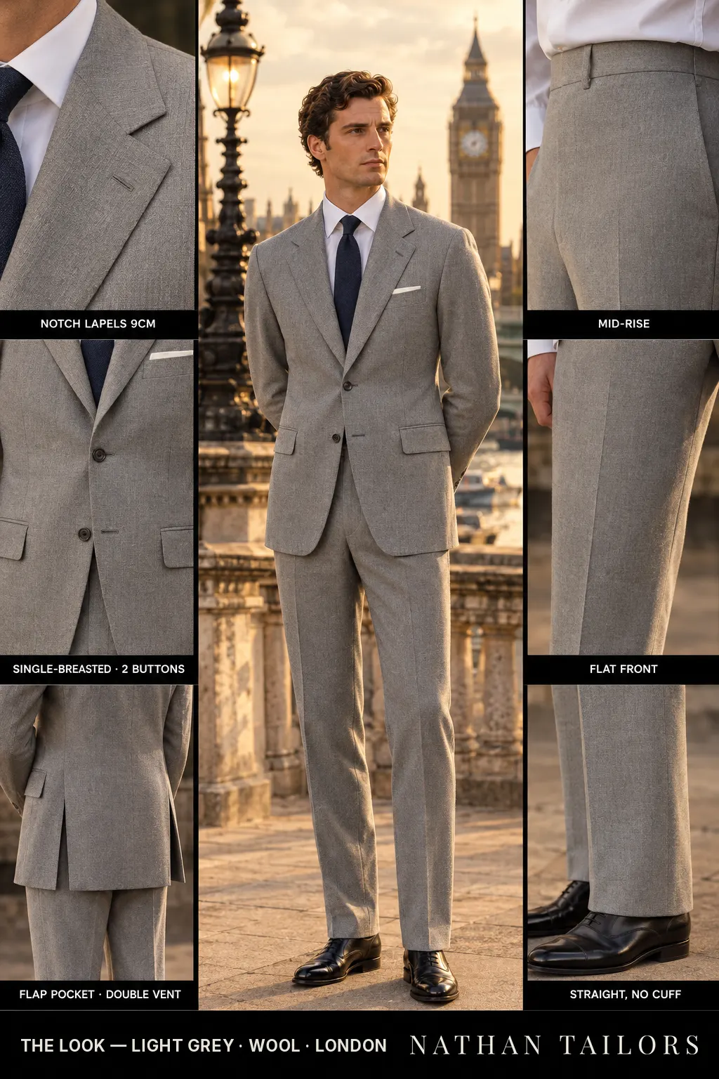 light grey single-breasted bespoke suit — custom tailored by Nathan Tailors, the Hoi An custom tailor