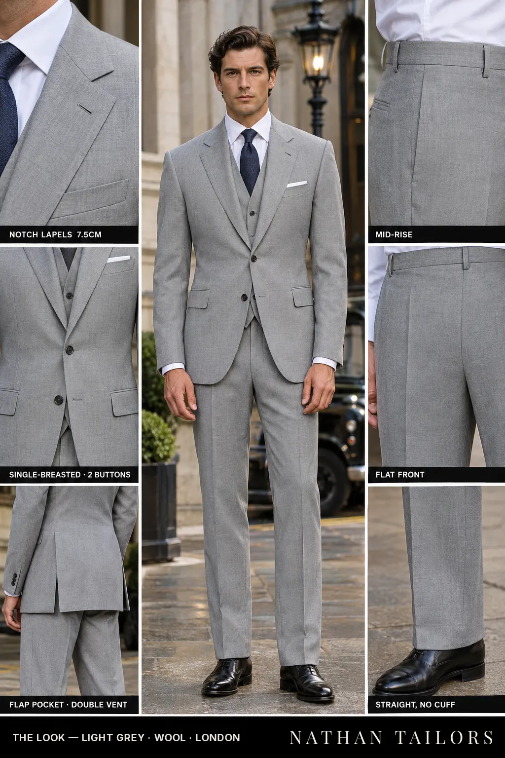 light grey single-breasted notch-lapel bespoke suit — AI-rendered by Nathan Tailors, the Hoi An custom tailor. Available as a custom tailored suit from $149.