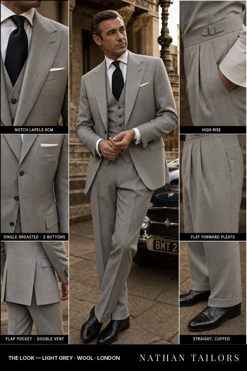 light grey single-breasted notch-lapel bespoke suit — AI-rendered by Nathan Tailors, the Hoi An custom tailor. Available as a custom tailored suit from $149.