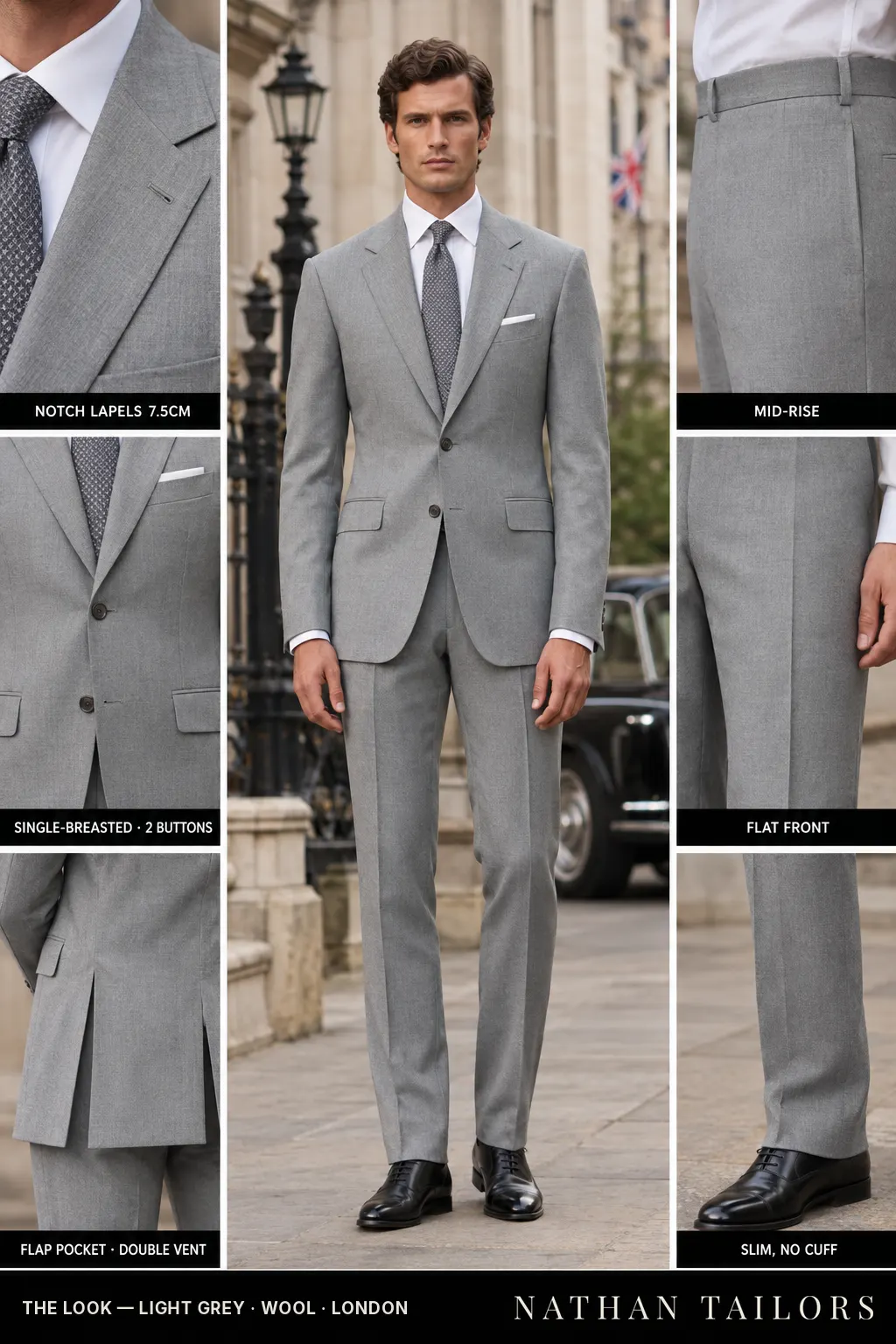 light grey single-breasted bespoke suit โ custom tailored by Nathan Tailors, the Hoi An custom tailor