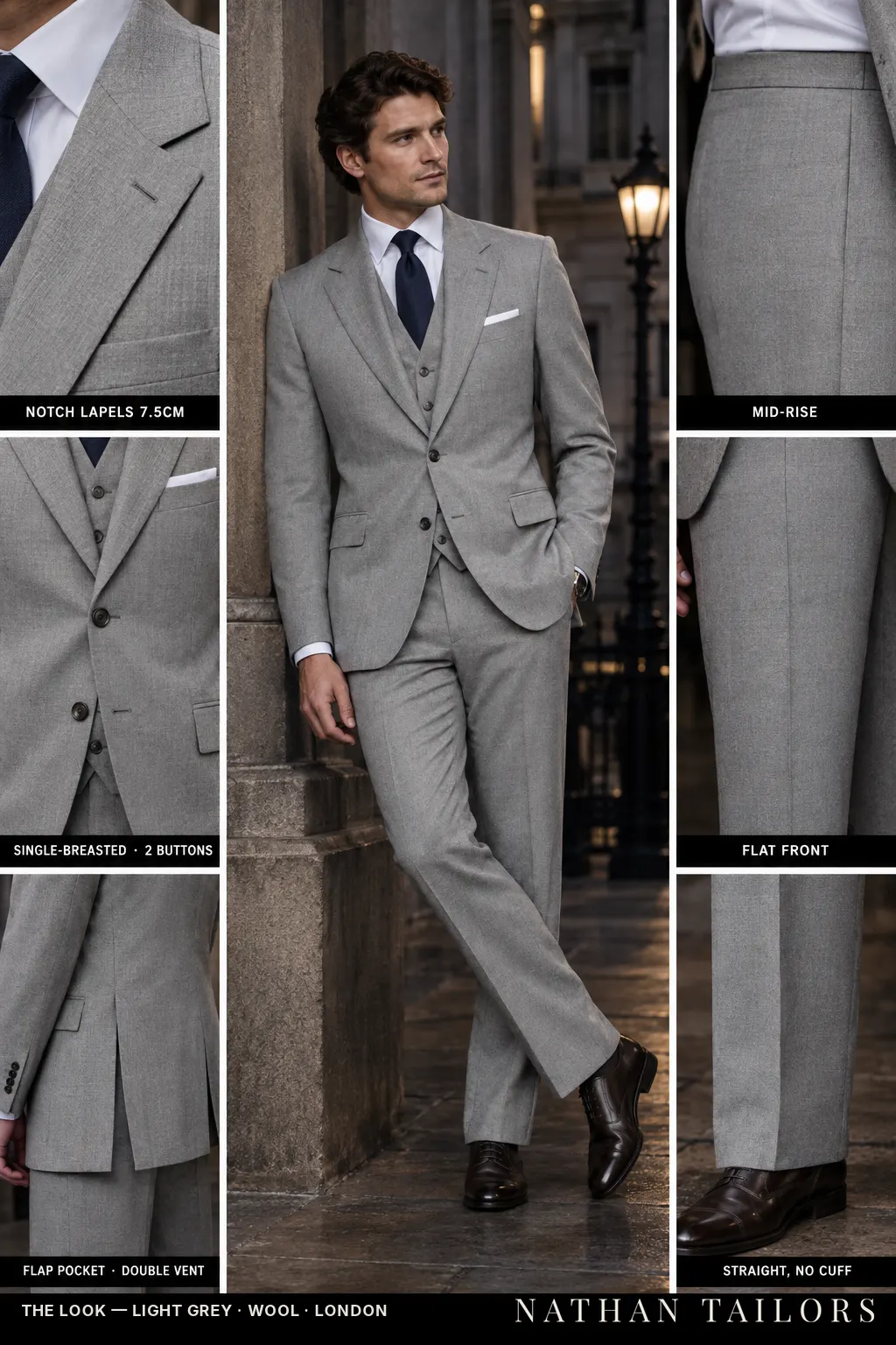 light grey single-breasted bespoke suit — custom tailored by Nathan Tailors, the Hoi An custom tailor
