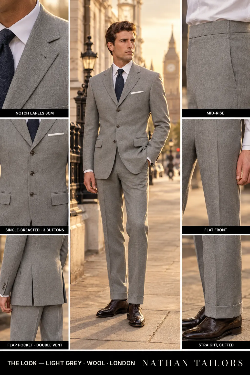 light grey single-breasted bespoke suit — custom tailored by Nathan Tailors, the Hoi An custom tailor