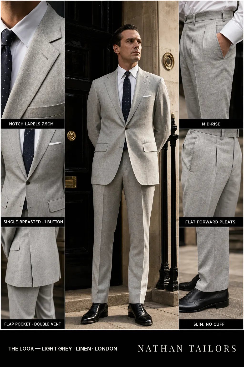light grey single-breasted notch-lapel bespoke suit โ AI-rendered by Nathan Tailors, the Hoi An custom tailor. Available as a custom tailored suit from $149.