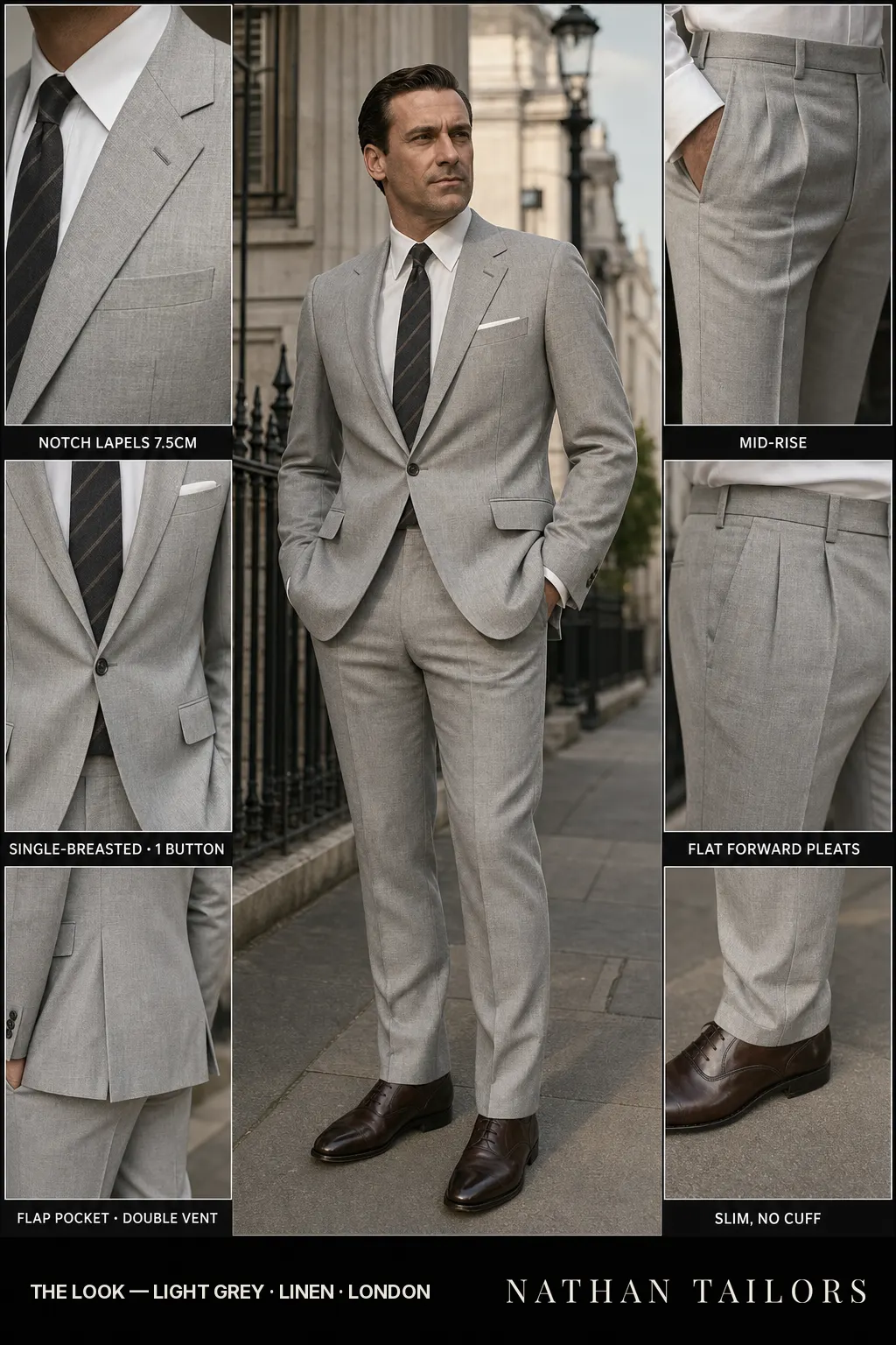 light grey single-breasted notch-lapel bespoke suit โ AI-rendered by Nathan Tailors, the Hoi An custom tailor. Available as a custom tailored suit from $149.