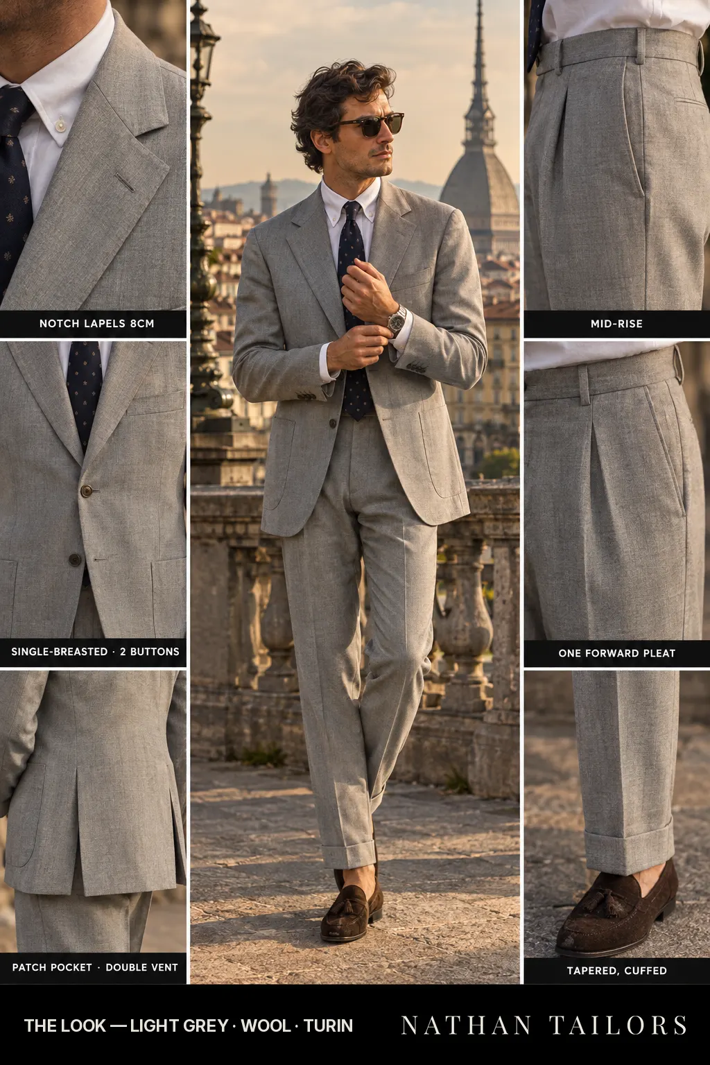 light grey single-breasted bespoke suit โ custom tailored by Nathan Tailors, the Hoi An custom tailor
