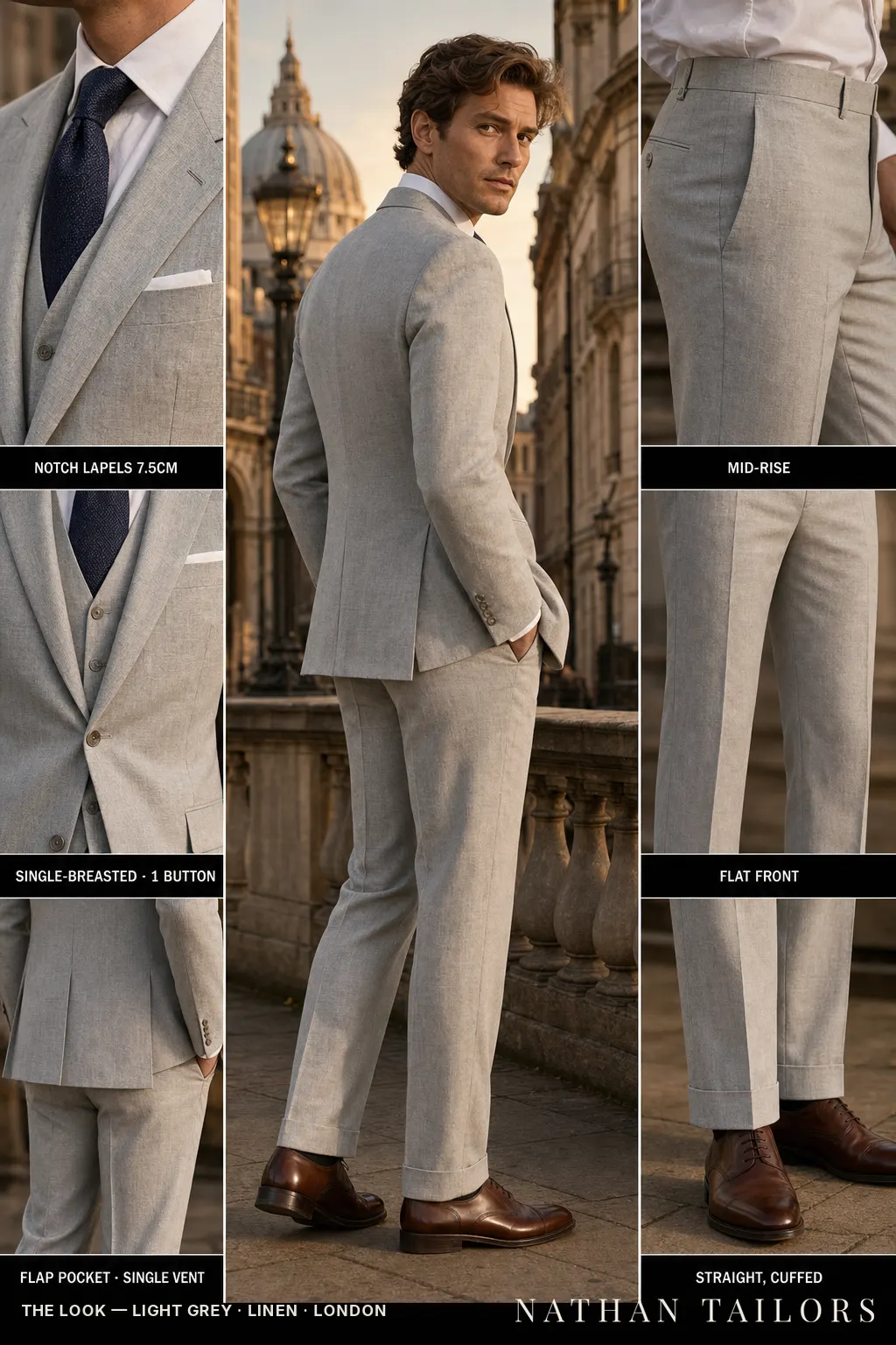 light grey single-breasted notch-lapel bespoke suit — AI-rendered by Nathan Tailors, the Hoi An custom tailor. Available as a custom tailored suit from $149.